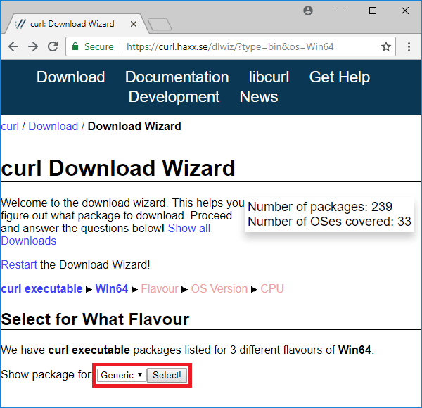 curl download wizard select flavour
