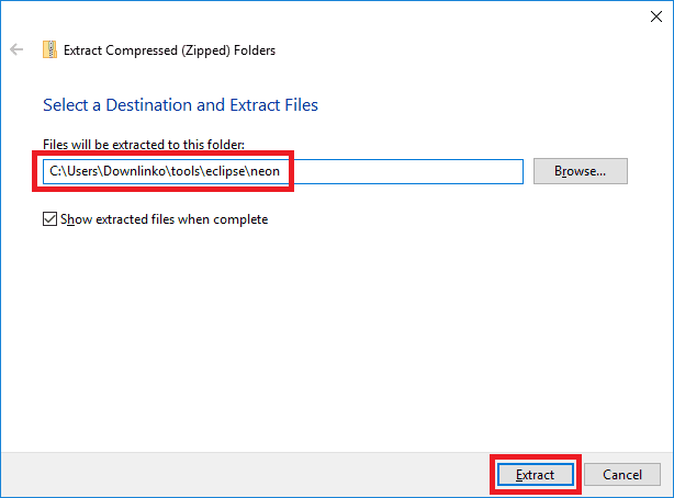 eclipse neon extract destination