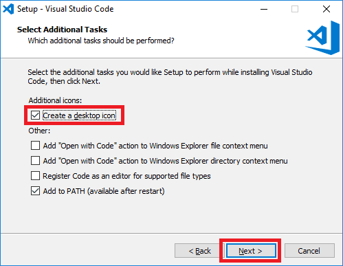 visual studio code installer additional tasks