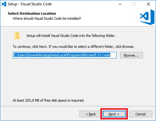 visual studio code installer destination location