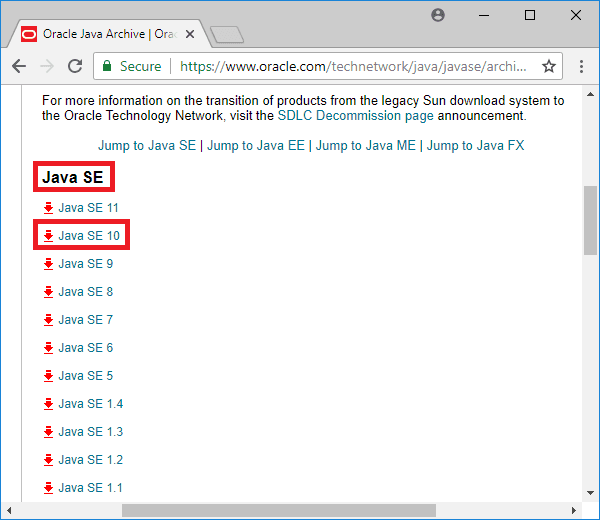 java se development kit 10 downloads page