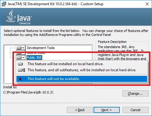 jdk 10 installer disable public jre