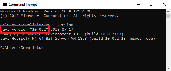 jdk 10 version output