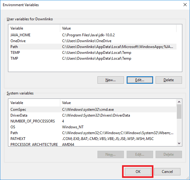 jdk 10 windows account environment variables