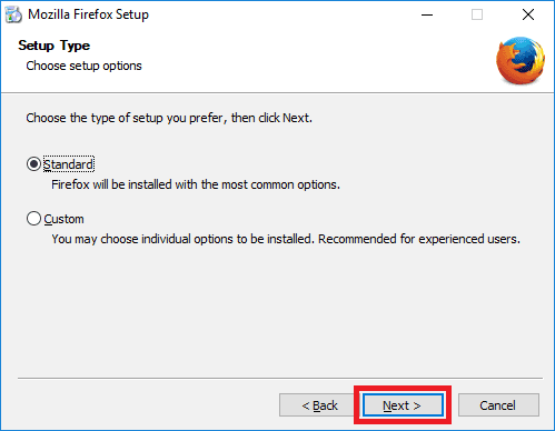 firefox 56 setup wizard select type